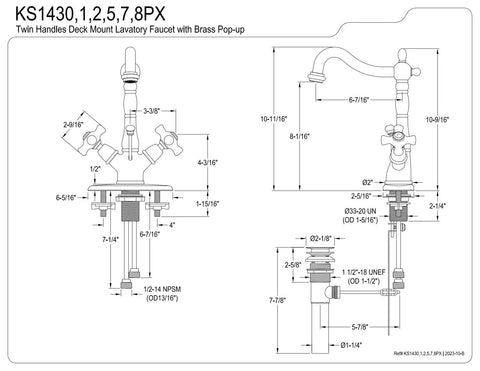 Heritage Two-Handle Bathroom Faucet With Brass Pop-Up Drain And Cover Plate, technical diagram with measurements and components