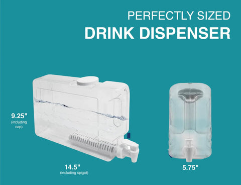 Filtered Water Dispenser Two And A Half Gallon BPA Free Plastic Beverage Dispenser with spigot and filter shown in two views