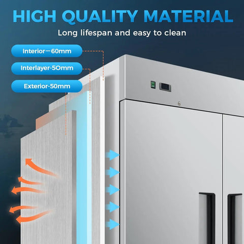 Heavy Duty Commercial Freezer Two Door Upright Reach In Stainless Steel NSF Certified 47 Cubic Feet Dual Section Interior and exterior insulation details.