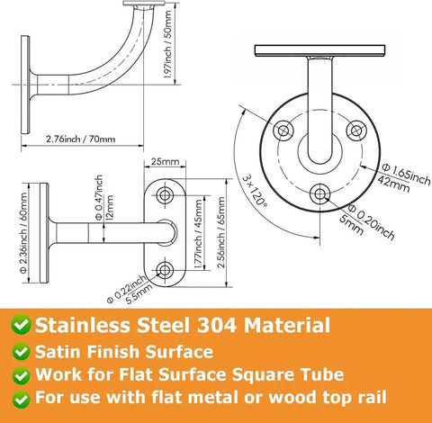 Top Shelf Heavy Duty Two Pack Stainless Steel 304 Wall Mount Handrail Brackets For Wood And Metal Stair Railings dimensions and specifications drawing