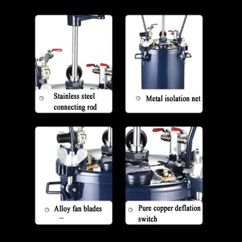 Heavy Duty Pneumatic Paint Pressure Pot With Smooth Tracking And Robust 10 Liter Capacity For Professional Grade Spray Painting Projects And No Sweat Transport showing stainless steel connecting rod and alloy fan blades.