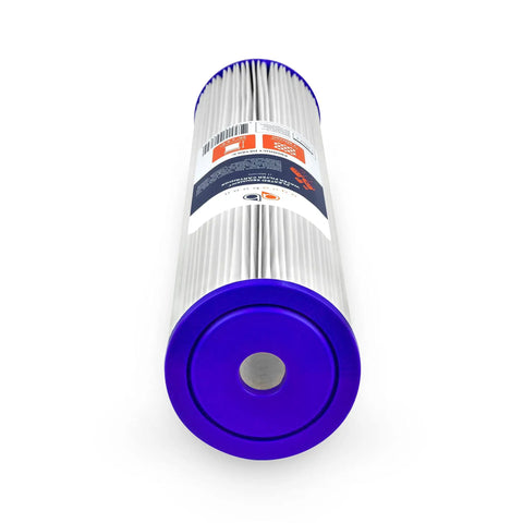 1 Micron Whole House Pleated Sediment Water Filter Cartridge Twenty By Four And A Half Inch Replacement Compatible With ECP5 20BB SPC 45 1005 2 Pack Heavy Duty Filtration For Cleaner Fresher Home Water, showing vertical cartridge with blue ends.
