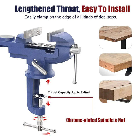 Beefy Clamp On Table Vise With 360 Degree Swivel Base For Woodworking And Metalworking, blue, showing installation on a wooden table.