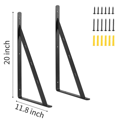 Beefy Heavy Duty 20x12 Inch Shelf Brackets 4-Pack, Black Aluminum Alloy Floating Corner Braces, screws and wall plugs shown