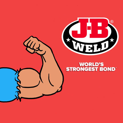 J-B Weld brand logo with a flexed bicep arm on a solid red background