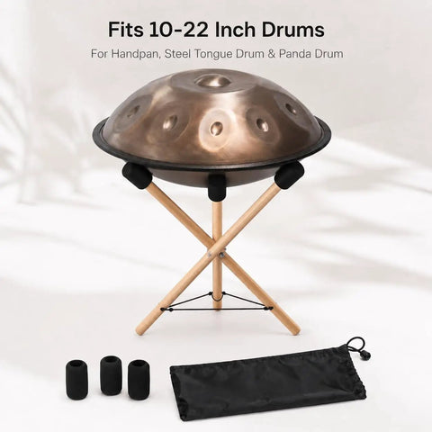 Adjustable Solid Wood Handpan Drum Stand With Carry Bag And Three Replacement Foam Pads For 10 To 22 Inch Steel Tongue Hang And Panda Drums with drum on top.