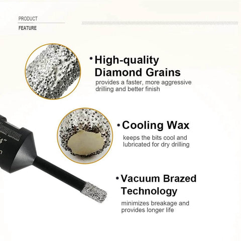 Front view of SHDIATOOL diamond core drill bits set (6-pack) with vacuum-brazed tips, sizes 06–51 mm.