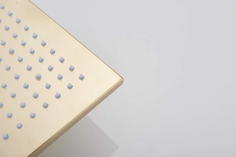 Close-up of 12 Inch Square Rain Shower Head High Pressure Showerhead Brushed Gold For Luxe Bathrooms showing silicone nozzles