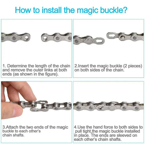 Installation guide for bike chain magic buckle from Bike Chain Repair Tool Kit With Link Pliers Chain Breaker Splitter 6 Pairs Missing Links