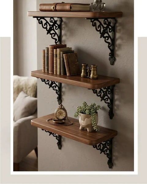 Rock Solid Vintage Cast Iron Shelf Brackets With Ornate European Scroll Design And Heavy Duty Floating Wall Mount Support for books and decor.
