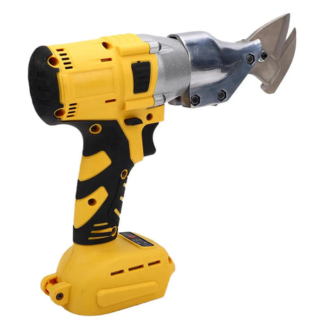 Jiawu Cordless Electric Metal Shears With 360 Degree Rotating Head, yellow handheld design, battery-powered metal cutter for roofing.