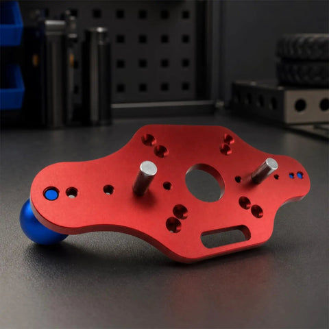 Heavy Duty Trimming Machine Bottom Plate For Woodcraft, red anodized metal base with blue handle and mounting posts.