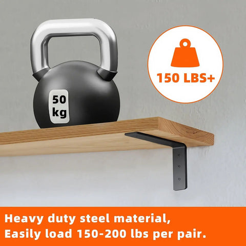 Badass Heavy Duty Floating Shelf Brackets 6 Pack Black Industrial Metal L Brackets supporting a 50 kg kettlebell on wood shelf.
