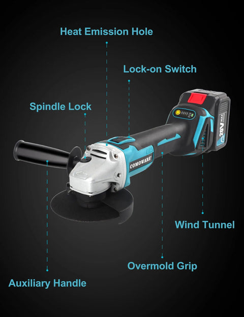 Cordless Four And A Half Inch Angle Grinder With 20V Brushless Motor 4Ah Battery And Fast Charge Up To 9000 RPM No Cable Hassle
