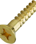Close-up of solid brass wood screw, flat head, Phillips drive, Number Eight By Two Inch Solid Brass Wood Screws Kit