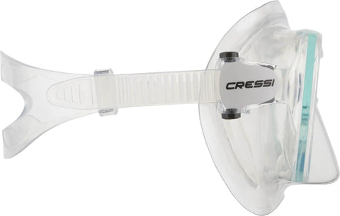 Side view of Frameless Snorkel Mask Kit With Dry Top Snorkel For Easy Breathing And Splash Free Action, clear silver frame.