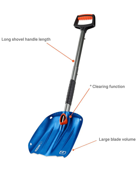 Beefy Collapsible Avalanche Shovel With Aluminum Construction Kodiak I, shown with extended handle and anodized blade.