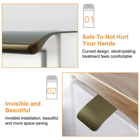 Six Pack Finger Edge Pulls Self Adhesive Concealed Cabinet Handles in Antique Bronze, curved design for safety