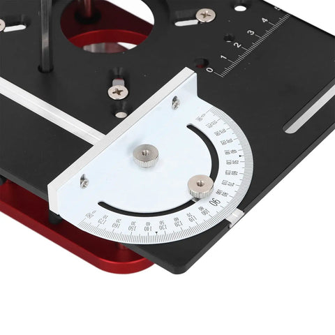Universal Router Table Insert Plate With 51 Mm Stroke Lift Kit and Crank Handle Fits 64 To 66 Mm Motors, showing angle adjustment feature.