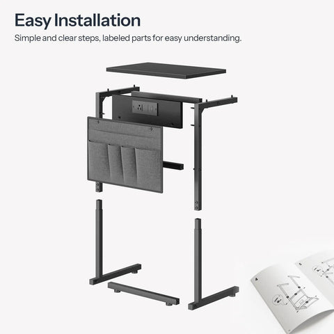 C Shaped End Table With Built In Charging Station For Small Spaces 28 Inch Tall Couch Side Table Exploded View with Instructions