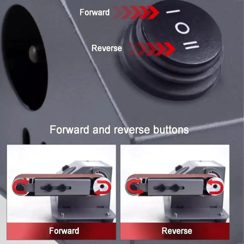 Tough As Nails 350W Wet And Dry Bench Sander control panel showing forward and reverse buttons with belt direction indicators.