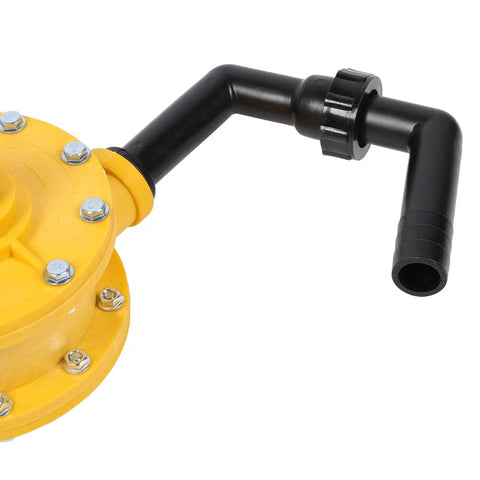 Close-up of Thonlai Heavy Duty Manual Drum Hand Pump featuring a yellow body and a black handle for fluid transfer.