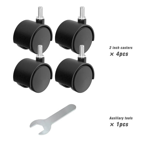 Set of 4 black 2 inch nylon casters with M8 threaded stem and tool for furniture and carts, each with 60 lbs capacity.