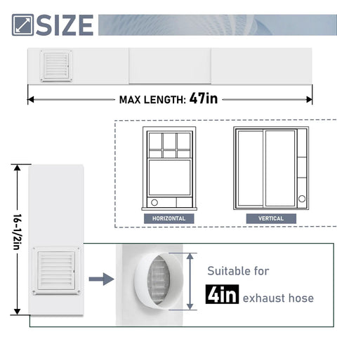 4 Inch Dryer Vent Window Kit With Louvered Cover And Adjustable Panels showing max length 47in suitable for 4in exhaust hose