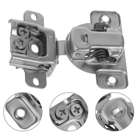 Close-up of concealed invisible cabinet door hinge, set of 2, in silver finish, cold rolled steel and zinc alloy.