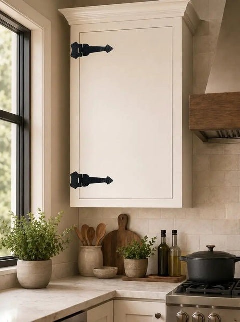 Modern kitchen cabinet with 7 Inch Beveled Arrow Decorative Black Hinges For Doors Gates Cabinets Barn Closets Heavy Duty Cast Iron Hardware