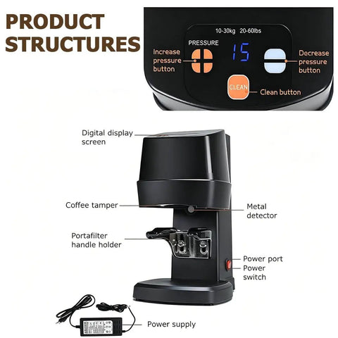 58 Millimeter Automatic Espresso Tamper Featuring Adjustable Depth And Steady Pressure Settings Slash Shot Prep Time And Kill Uneven Extractions Perfect For Fast Paced Coffee Shops And Lazy Sundays At Home, showcasing digital display and components.