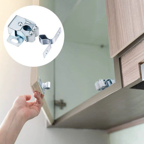 Hand installing 20 Piece Cabinet Door Latch And Catch Hardware Set, Double Roller Latches with Spear Strike, galvanized steel, silver finish.
