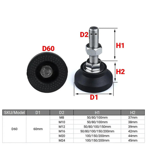 Beefy Adjustable Lathe Leg Leveling Feet Kit With 60mm Diameter Threaded Pads showing dimensions and compatible post sizes