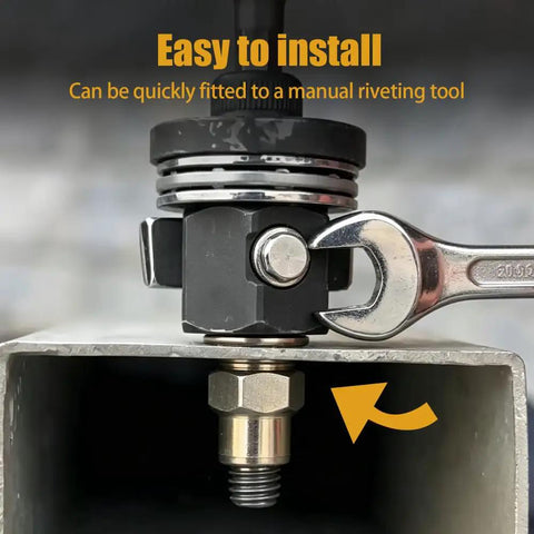 Rivet Nut Tool Set With 6 Sizes M3 M4 M5 M6 M8 M10 in use on metal sheet, showing quick installation with wrench.