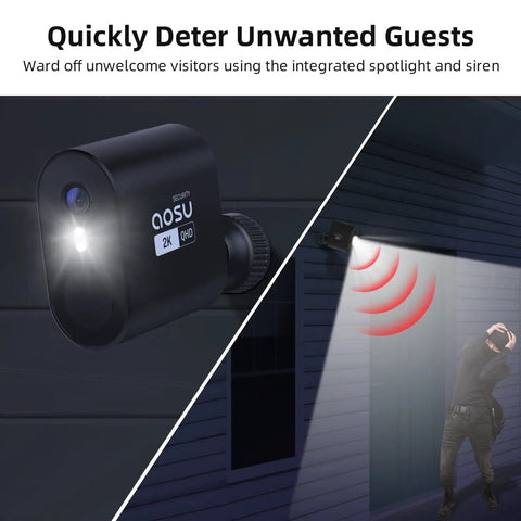 Solar Powered Outdoor Security Camera Wireless 2K HDR Video Spotlight And Siren AI Detection on wall deterring intruder