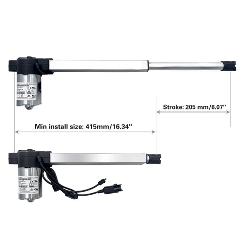 JLDQ-19.415.205D04 Linear Actuator Replacement showing dimensions, dual cable configuration, and plugs for electric sofas and recliners.