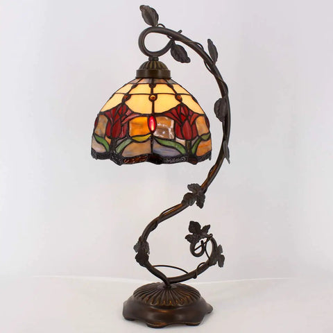 Red Tiffany Style Stained Glass Tulip Table Lamp With Bronze Metal Leaf Base, 21 Inch Tall Reading Desk Light For Small Spaces