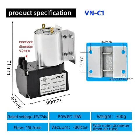 Awesome Vn-C1 12V 24V Electric Diaphragm Vacuum Pump for Negative Pressure Applications, showing specifications, size, and design.