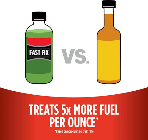 Kickstart Your Rig Small Engine Fuel Treatment And Carb Cleaner in green bottle versus yellow liquid; highlights fuel treatment benefits.