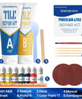 Color Match Ceramic And Porcelain Tile Repair Kit With Ultra Bond Adhesion For Chips Cracks Holes On Ceramic Porcelain Acrylic Fiberglass Surfaces DIY Friendly Quick Fix For Bathrooms And Kitchens showing repair tubes, spatula, pigments, and tools.