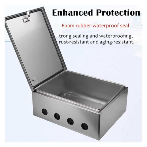 Stainless Steel Outdoor Electrical Junction Box Weatherproof Enclosure With Heavy Duty Corrosion Resistant Construction For Harsh Weather Protects Outdoor Wiring And Connectors Size 24 By 32 By 6 Inches 2mm Thick Wall, open lid view