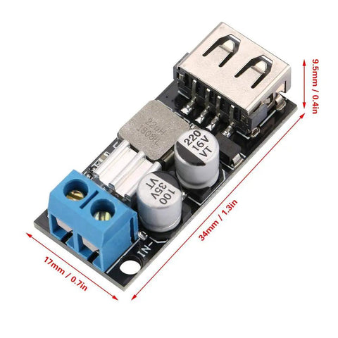 Slick And Solid Dc Dc Buck Converter Step Down Voltage Regulator Module 6V To 32V To 5V With Usb Quick Charge Port and screw terminals, compact size.