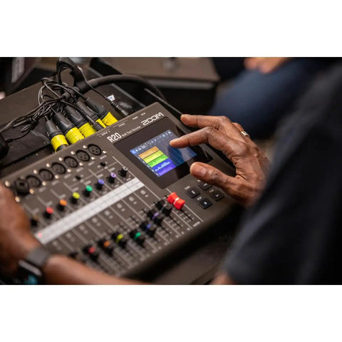 R20 Multi-Track Tabletop Recorder With Touchscreen, 16 Tracks Up To 8 Simultaneous, 6 XLR Inputs in use with interface displayed
