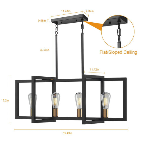 Modern Island Kitchen Pendant Light With Four Adjustable Sockets, Vintage Black And Bronze Ceiling Fixture, shown with dimensions.