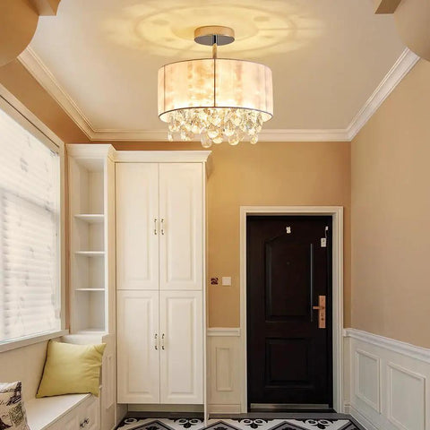 Dope Modern Crystal Chandelier Ceiling Light Fixture With White Fabric Shade And Chrome Finish, 13 Inch Diameter By 14 Inch Tall, E26 Socket, Living Room Lighting, Drum Style Ambient Lighting in entryway