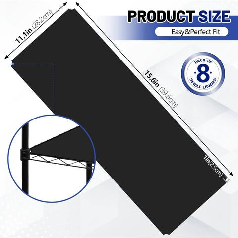 Premium Pre Cut Wire Shelf Liners Heavy Duty Non Slip Plastic Matting For Kitchen Pantry Locker Storage 8 Pack 11.8 X 16.6 Inches size diagram on shelf.