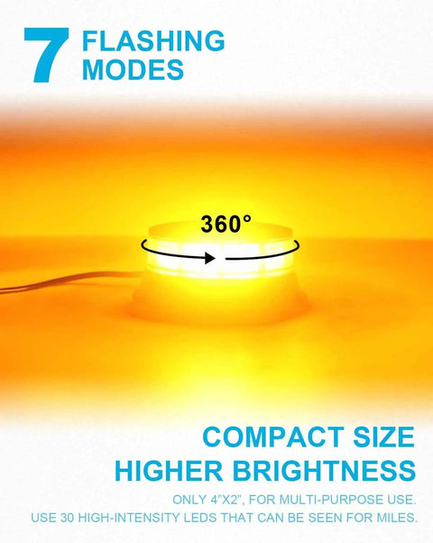 Rock Solid Amber LED Beacon Strobe Light With Killer Visibility For Emergency Hazard Warning And Roof Mount Flashing Alert Lamp IP67 Waterproof Heavy Duty High Output Crystal Reflector showing 360° light with seven flashing modes.