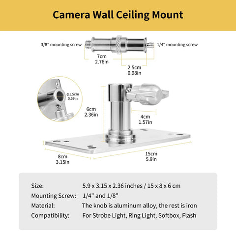 Hella Sturdy Overhead Camera Wall Mount With All Metal Welded Frame And Roomy 3.34 Inch Wall Plate featuring 1/4 and 3/8 inch screw threads for ceiling mounting.