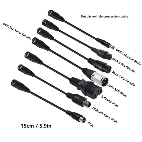 Universal Electric Scooter Charger Adapter Cable Kit with multi connectors including RCA and 3 Prong Plug, flame retardant PVC.