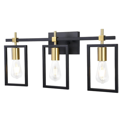 Industrial 3 Light Vanity Fixture In Black And Brass Gold With Rectangular Backplate Rustic Modern Farmhouse Bath Lighting Over Mirror For Bathrooms Restrooms Kitchens Living Rooms And More, 26-inch view
